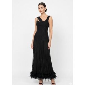 Terani Couture Black Beaded Fringe Feather Evening Gown Maxi Dress